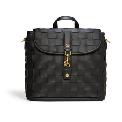 Black woven backpack with gold accents on a white background