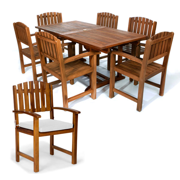 7-Piece Teak Extension Patio Table and Wooden Chairs Dining Set with Cushions