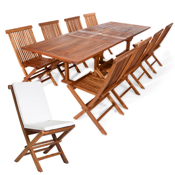 9-Piece Teak Extension Patio Table and Folding Dining Chairs Set with Cushions