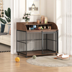 Wooden pet crate with a modern interior design in a living room setting.